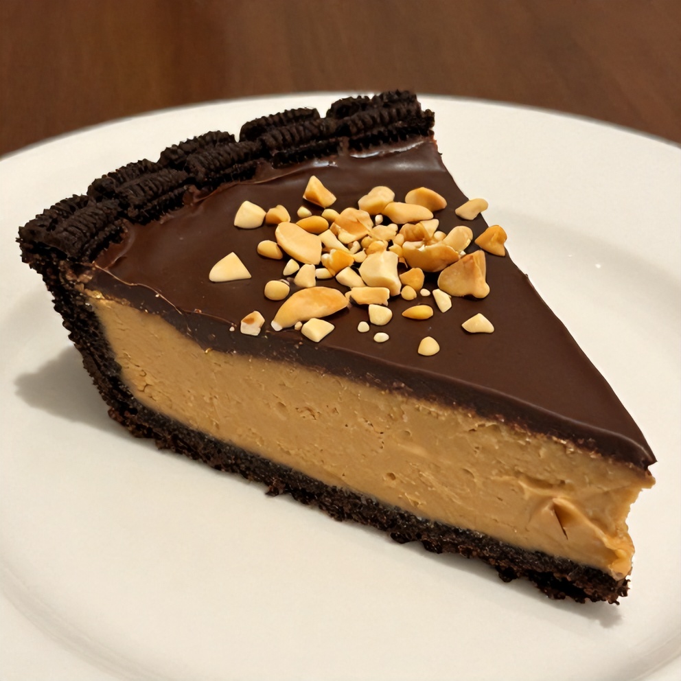 A slice of no-bake chocolate peanut butter pie on a white plate