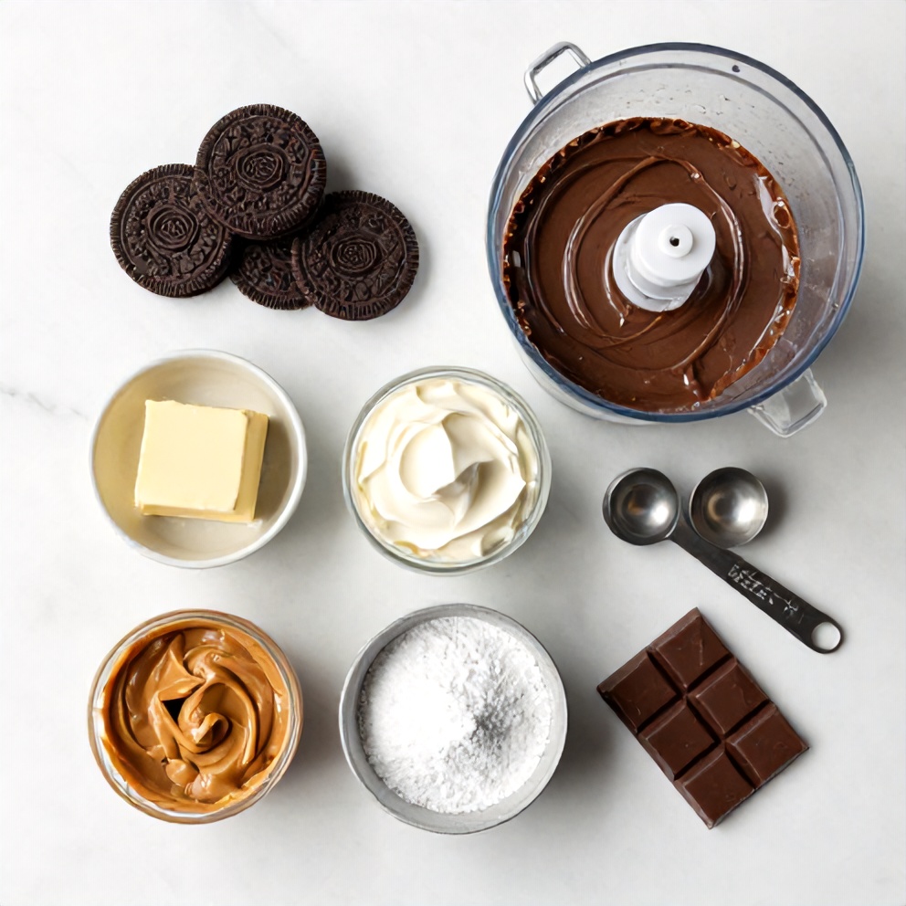 Raw ingredients for no-bake chocolate peanut butter pie in a flat lay