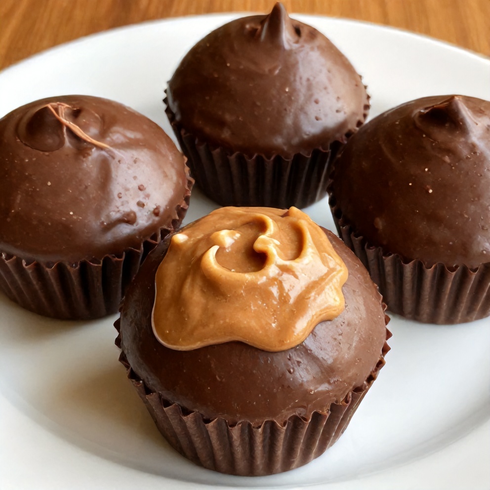 No-bake chocolate peanut butter protein cups on a white plate