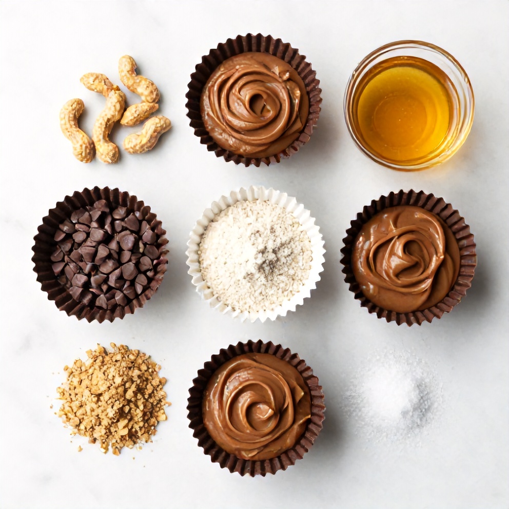 Ingredients for no-bake chocolate peanut butter protein cups: peanut butter, chocolate chips, protein powder, honey, etc.