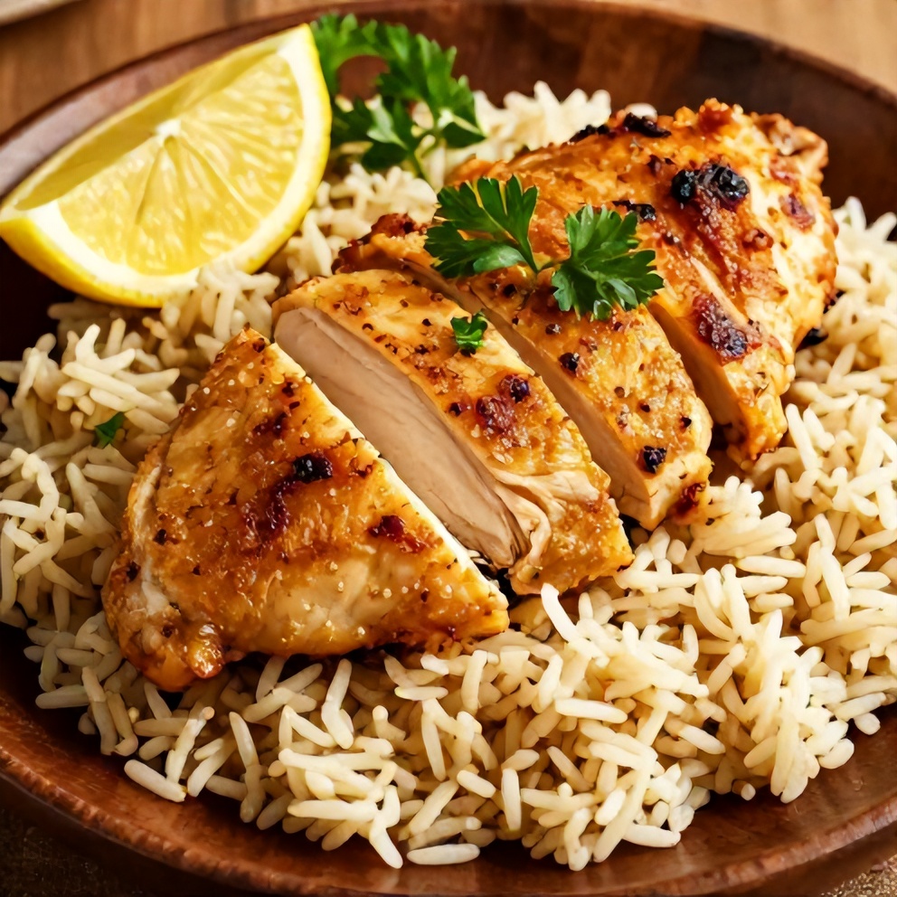 Plated serving of One-Pan Lemon Chicken and Rice with lemon slices and fresh parsley