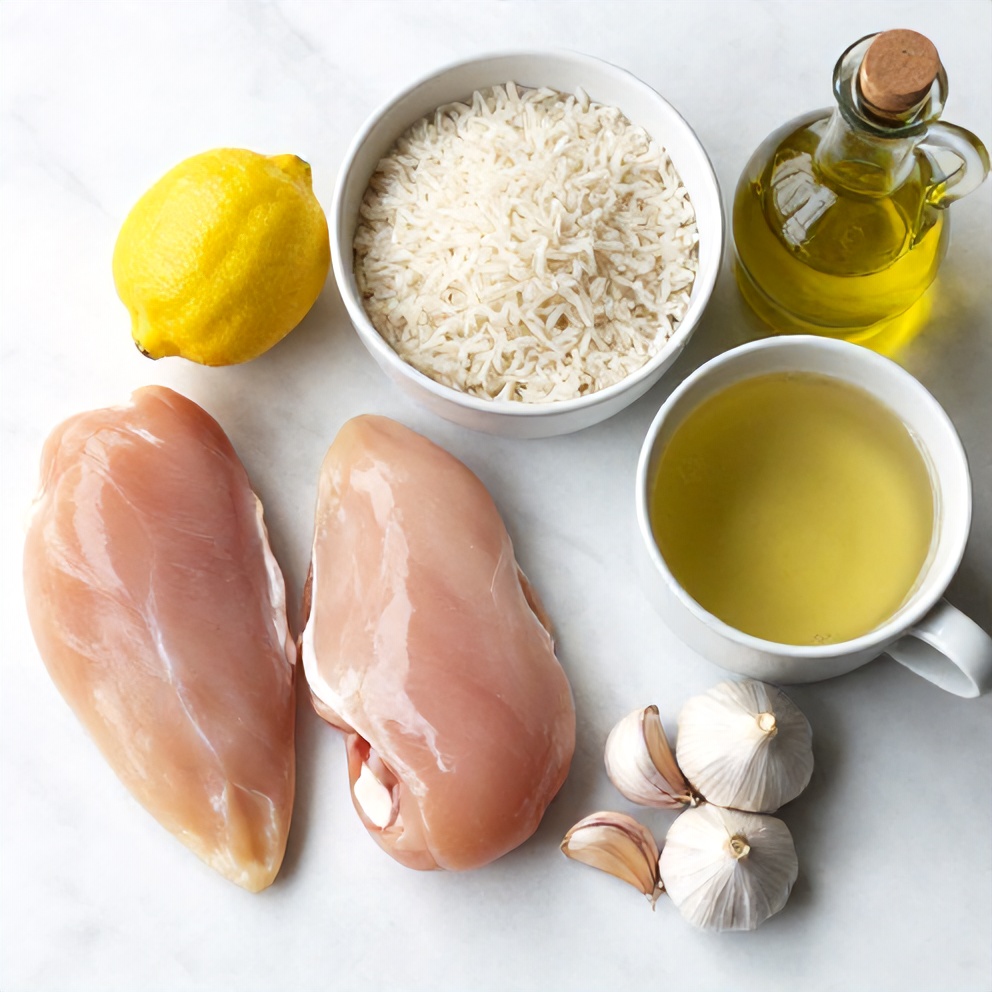 Raw ingredients for One-Pan Lemon Chicken and Rice including chicken breasts, lemons, rice, and herbs