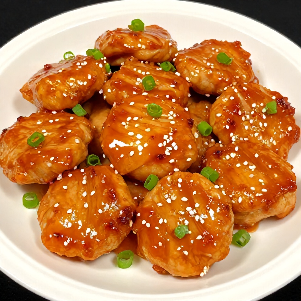 Plated orange teriyaki turkey medallions with green onions