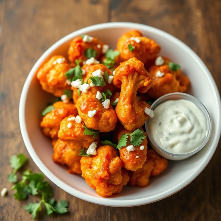One plated serving of crispy buffalo cauliflower wings garnished with fresh cilantro and crumbled vegan ranch dressing, on a white ceramic bowl, warm side lighting highlighting glossy sauce and crispy edges