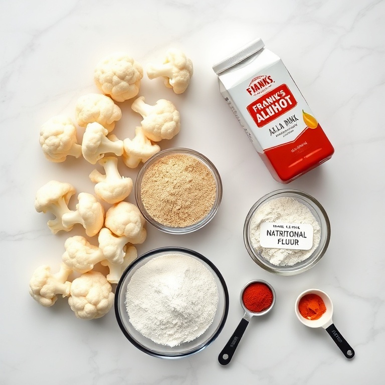 Overhead flat lay of raw cauliflower florets, Frank's RedHot sauce, almond milk, whole wheat flour, nutritional yeast, and smoked paprika on white marble with small prep bowls and measuring spoons