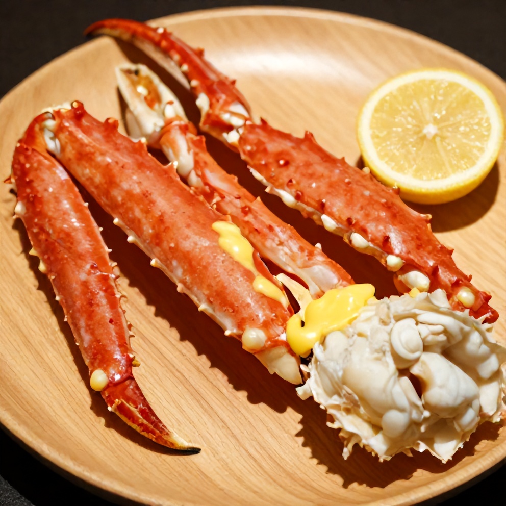 A close-up of a perfectly cooked snow crab leg with melted butter and lemon on a light wooden plate