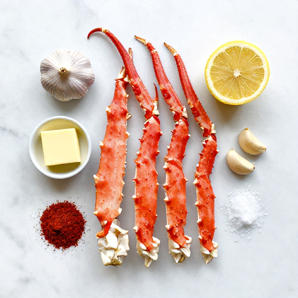 Raw snow crab legs, garlic, butter, lemon, paprika, and salt arranged in a flat lay on a white marble surface