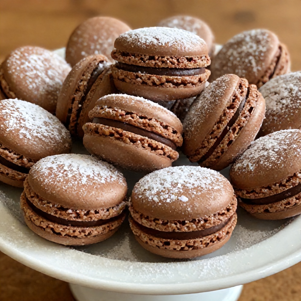 Perfect chocolate macarons with a dusting of powdered sugar