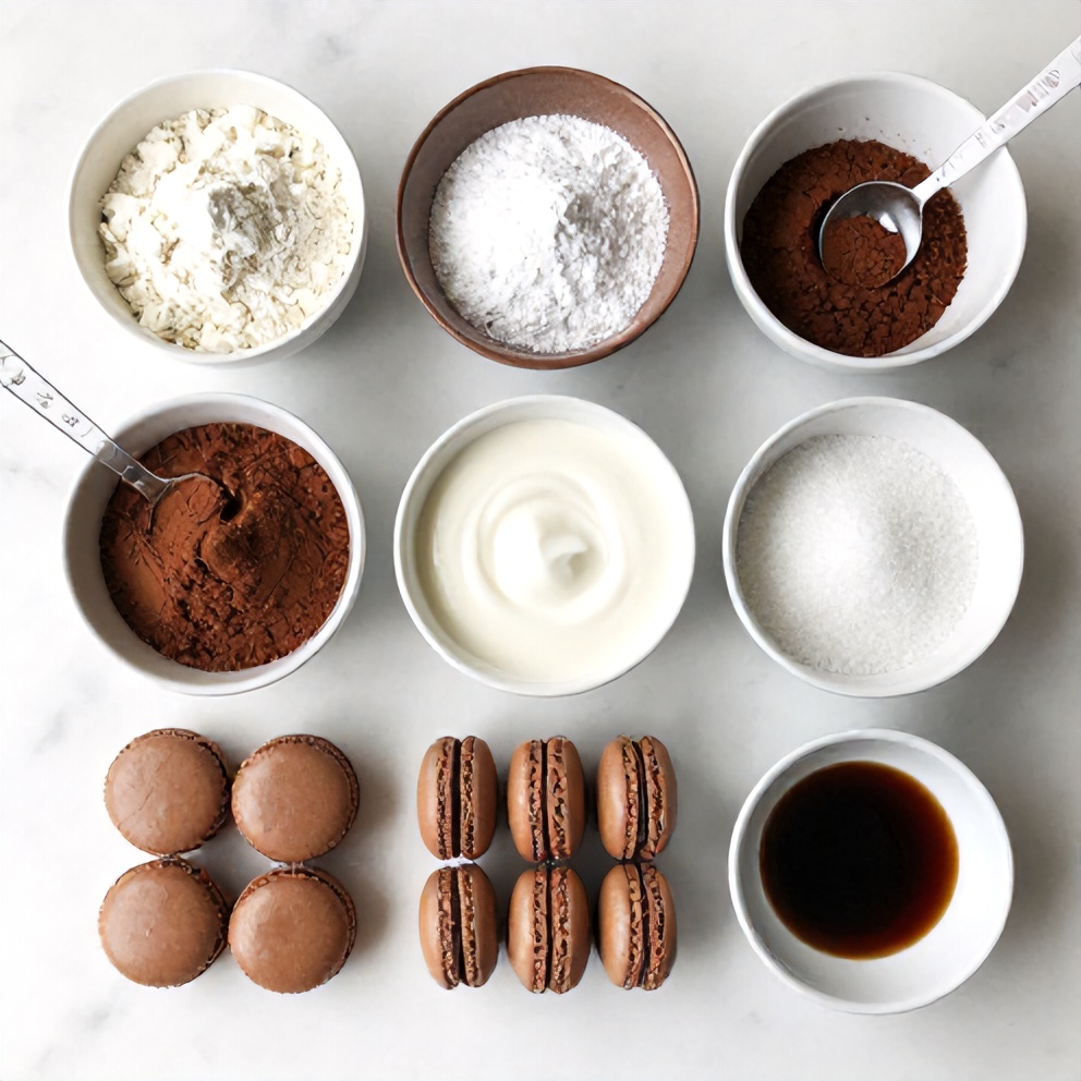 Raw ingredients for chocolate macarons arranged in a flat lay