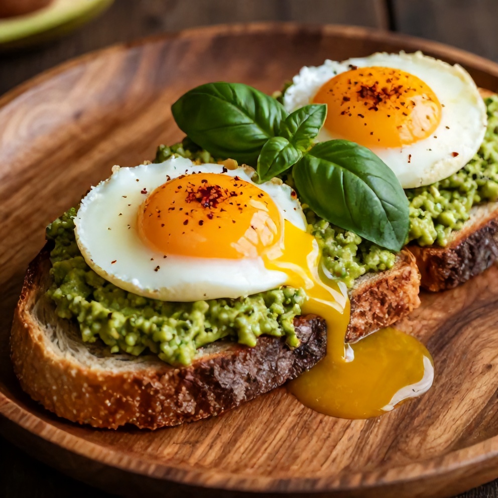 Pesto eggs on avocado toast served on a rustic wooden plate