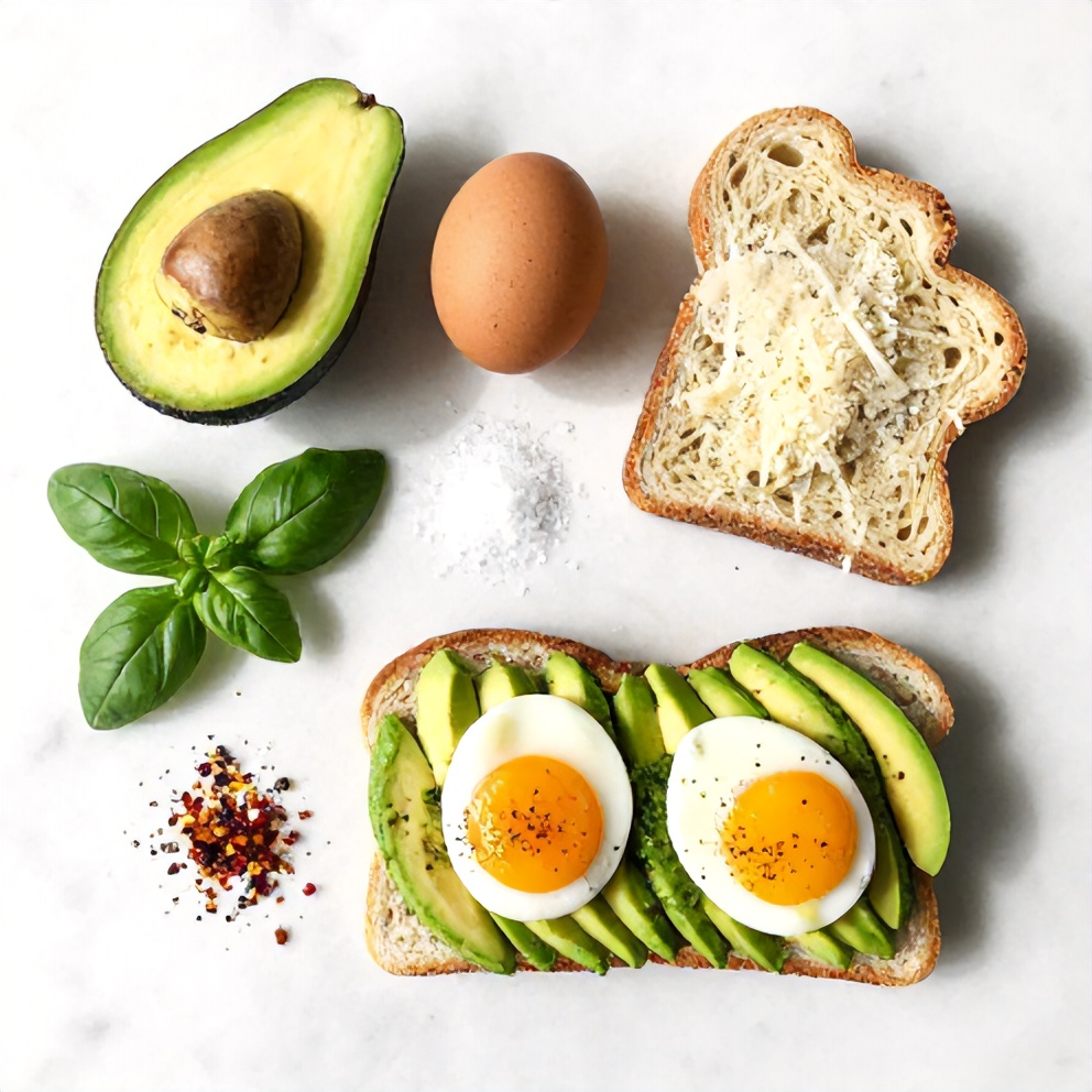 Avocado, eggs, basil, garlic, parmesan, bread, red pepper flakes, salt, and pepper laid out on a wooden surface