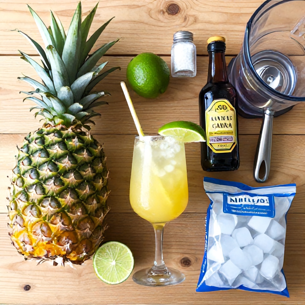 Ingredients for Pineapple Margarita Mocktail laid out on a wooden surface