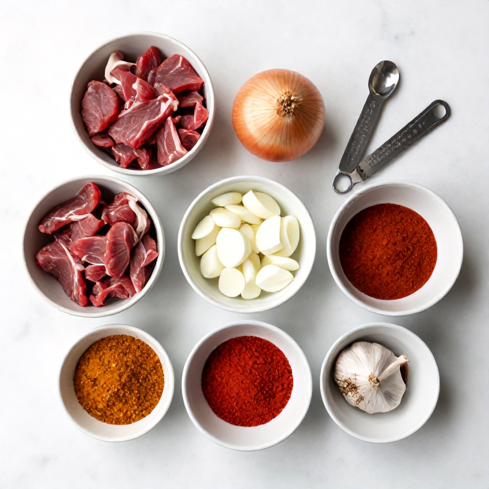 Raw ingredients for Pot Birria Tacos including beef, onions, garlic, and spices