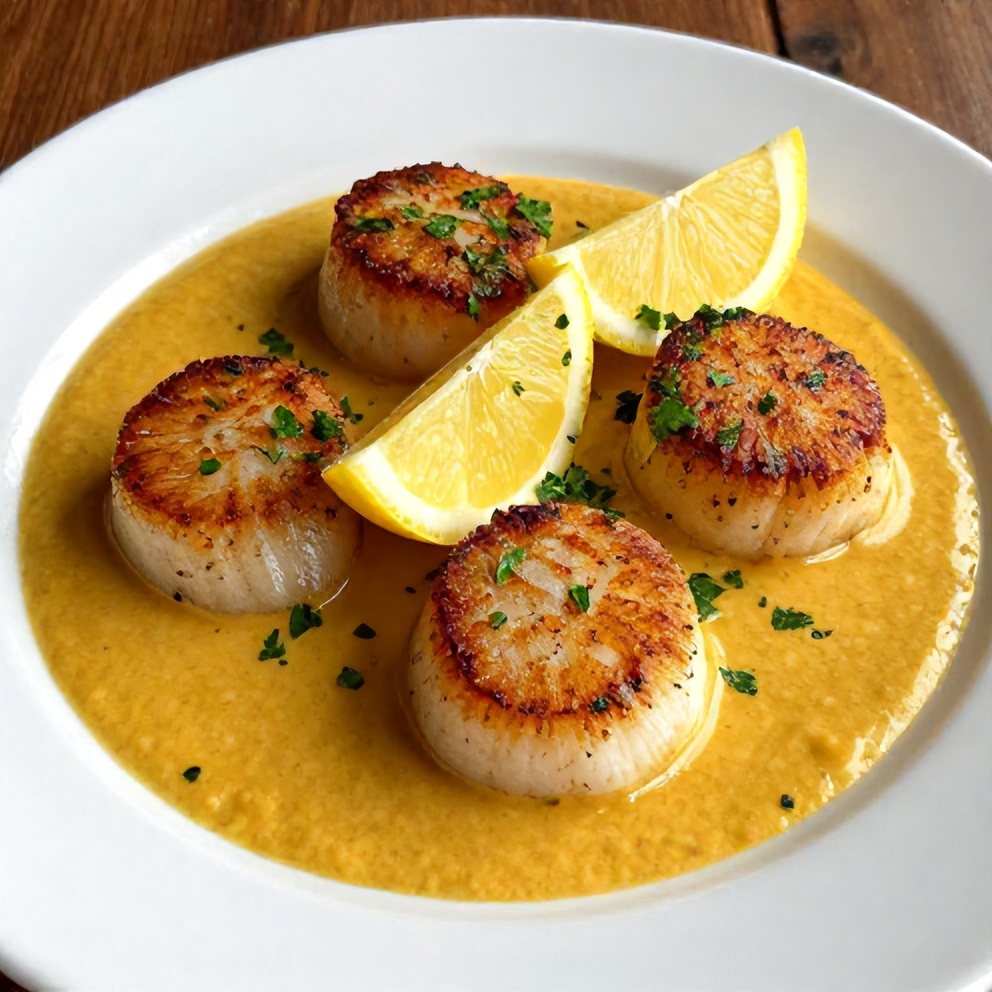Plated Cajun Scallops in Creamy Mustard Sauce