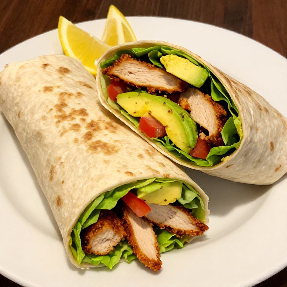Chicken Avocado Wrap plated with a lemon wedge