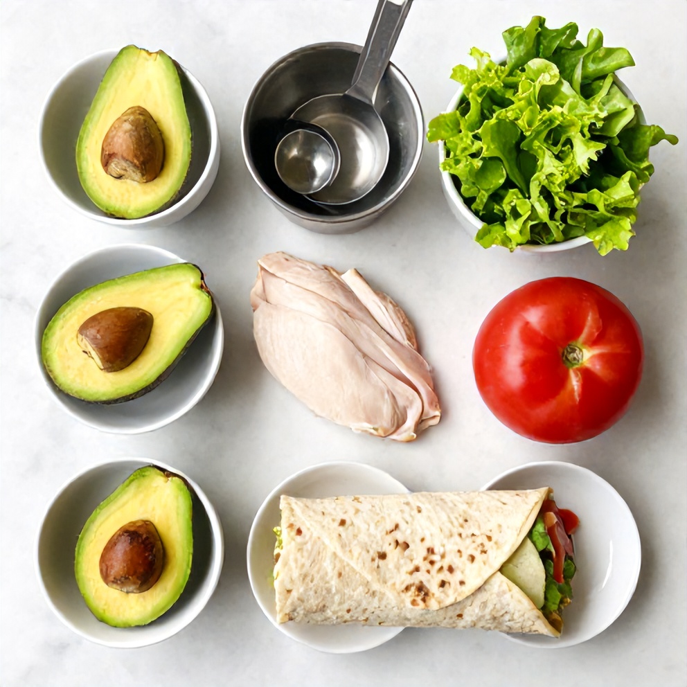 Raw ingredients for Chicken Avocado Wrap on a marble surface