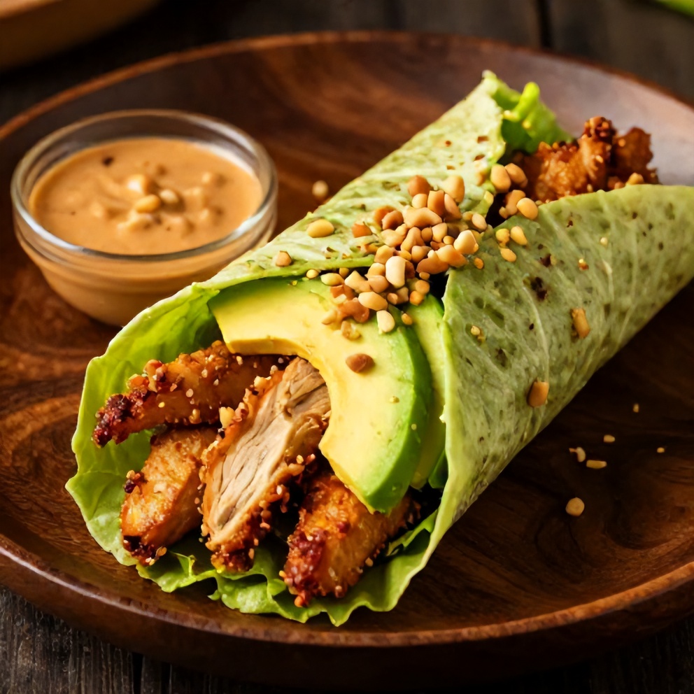 Plated chicken lettuce wraps with peanut sauce