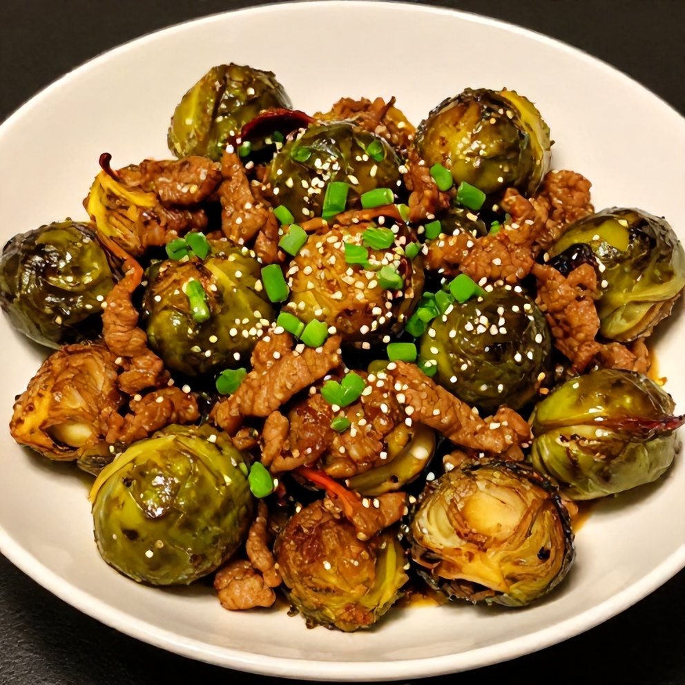 Finished Quick Spicy Pork Brussels Sprouts Bowls