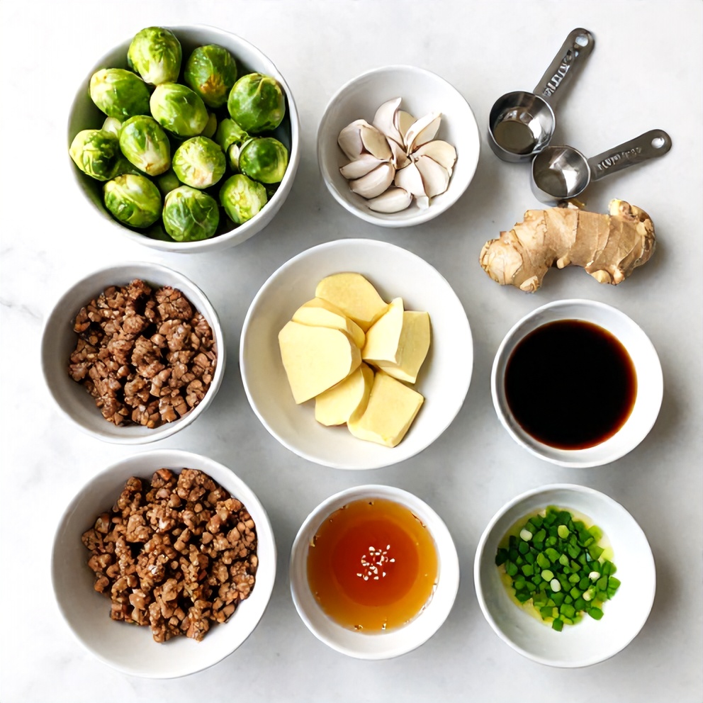 Raw ingredients for Quick Spicy Pork Brussels Sprouts Bowls