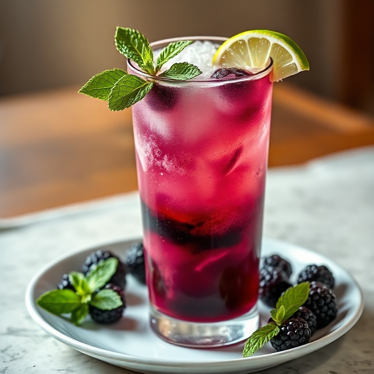 Refreshing blackberry coconut dirty soda in a tall clear glass with ice, lime wedge on rim, fresh mint garnish, and visible purple-blackberry swirl.