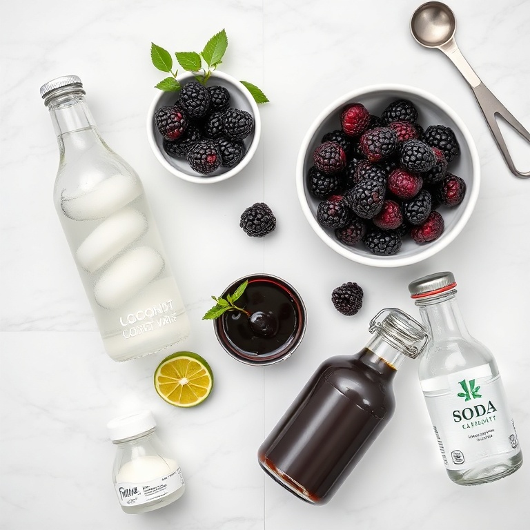 Overhead flat lay of fresh blackberries, coconut water, lime, blackberry jam, and club soda on white marble with small glass jar, measuring cup, and lemon squeezer.