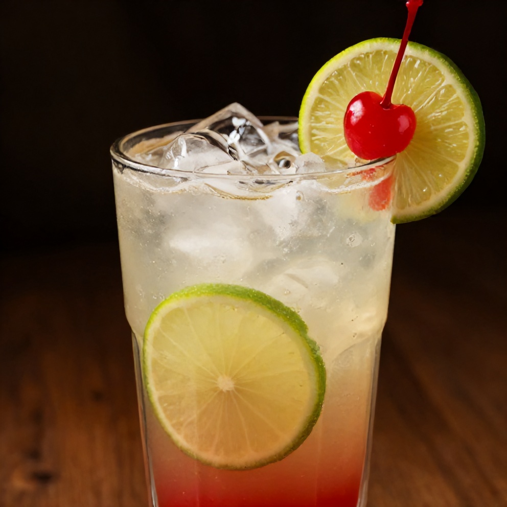 A glass of cherry limeade with a lime wedge and cherry garnish