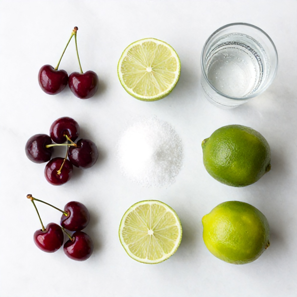 Raw ingredients for cherry limeade including cherries, limes, sugar, and sparkling water
