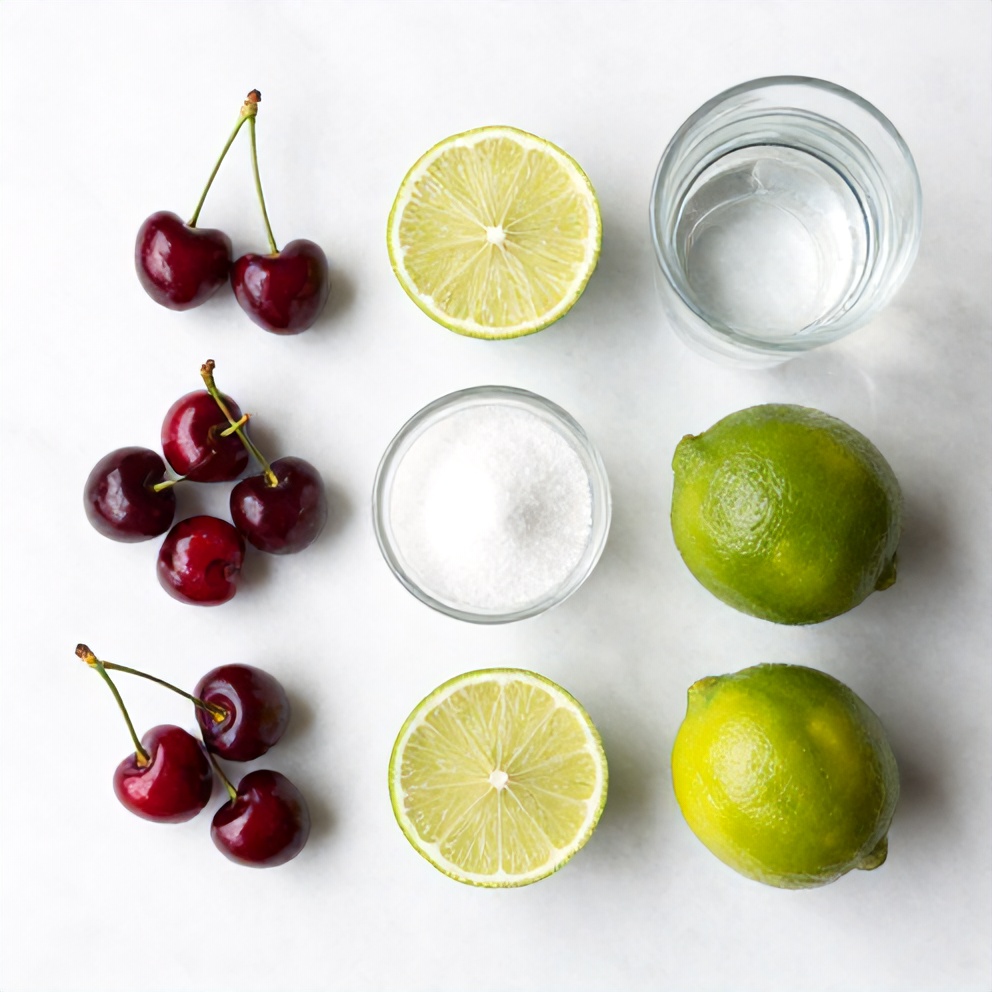 A flat lay of ingredients for cherry limeade: cherries, limes, sugar, water, and ice