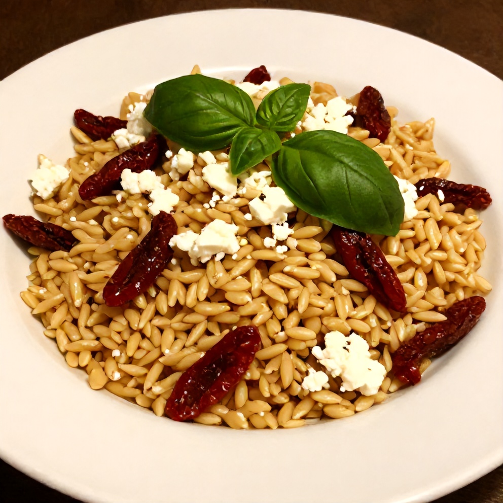 Plated Orzo Salad with Sun-Dried Tomatoes and Feta