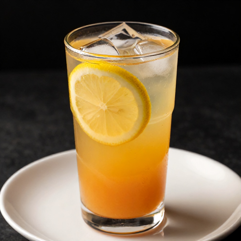 Glass of peach ginger lemonade with a lemon slice and ice cubes