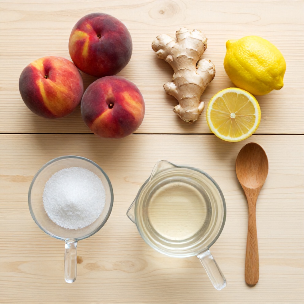 Peaches, ginger, lemons, sugar, water, and ice arranged on a wooden surface