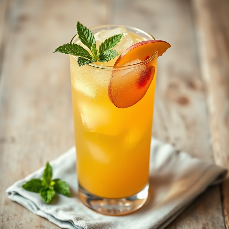 Glass of refreshing peach lemonade poured over ice, garnished with peach slice and mint sprig, frosty condensation, clear amber liquid
