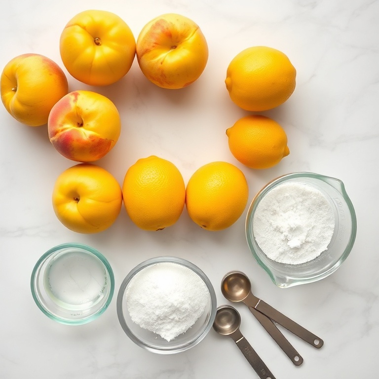 Fresh ripe peaches, lemons, granulated sugar, water, ice cubes arranged on white marble with glass measuring cup and wooden spoon