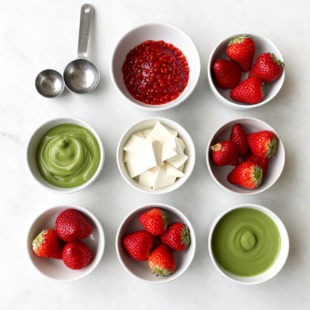 Raw ingredients for strawberry matcha sago dessert on a wooden surface