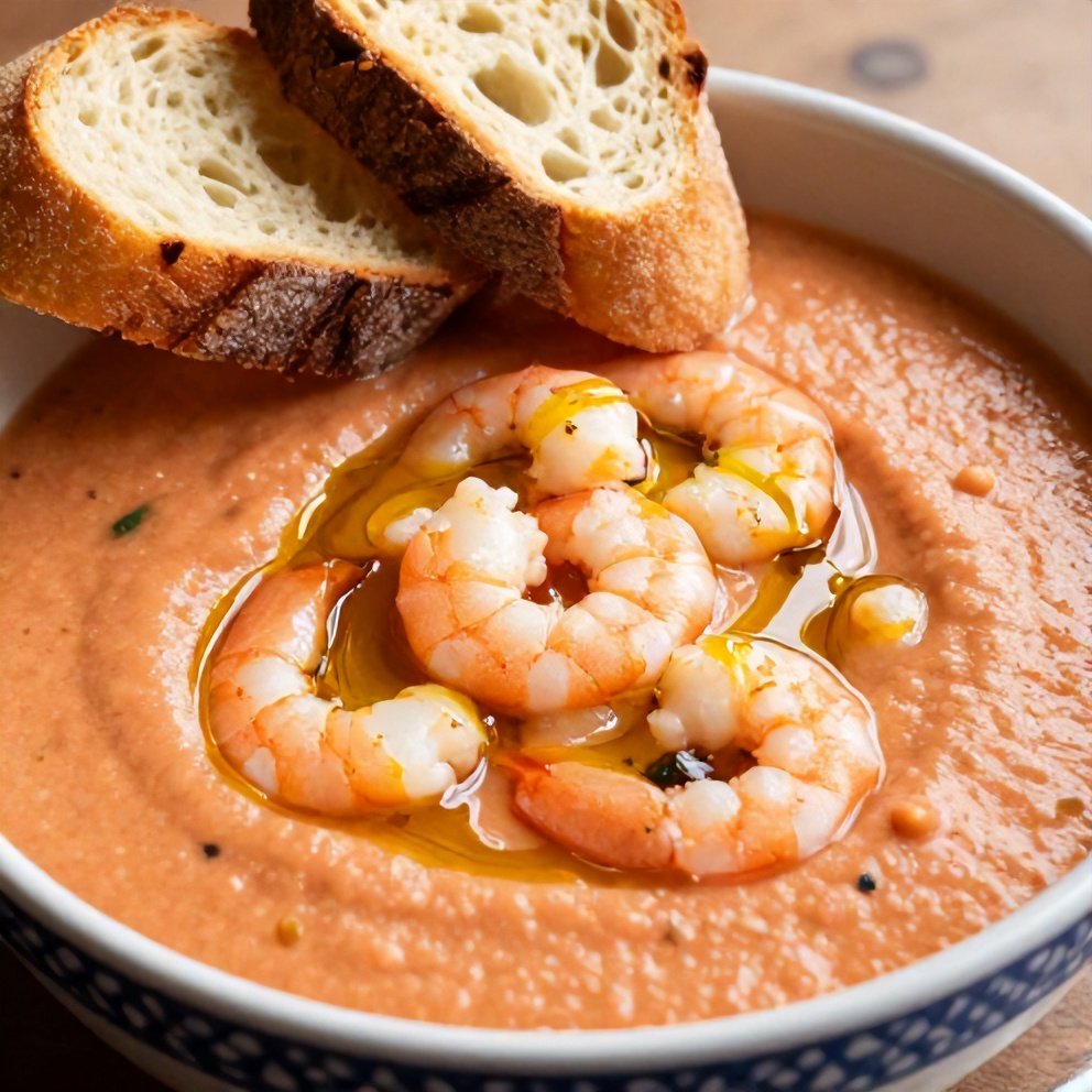 Bowl of summer gazpacho with shrimp, served with crusty bread