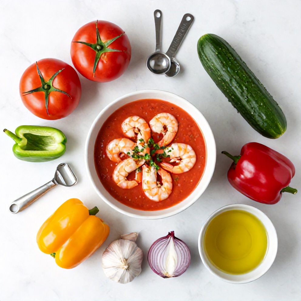 Raw ingredients for summer gazpacho with shrimp on a white marble surface