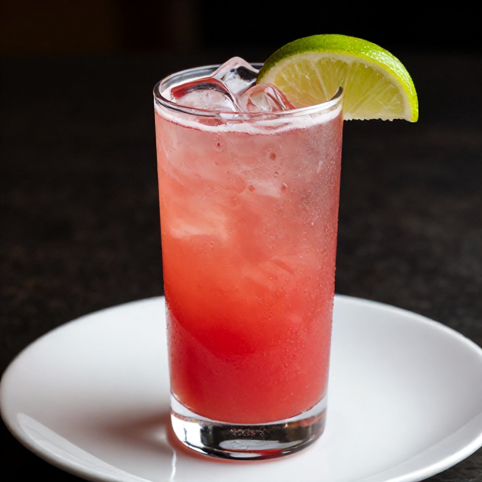 Watermelon Rose Cooler poured in a glass with ice and a lime wheel garnish