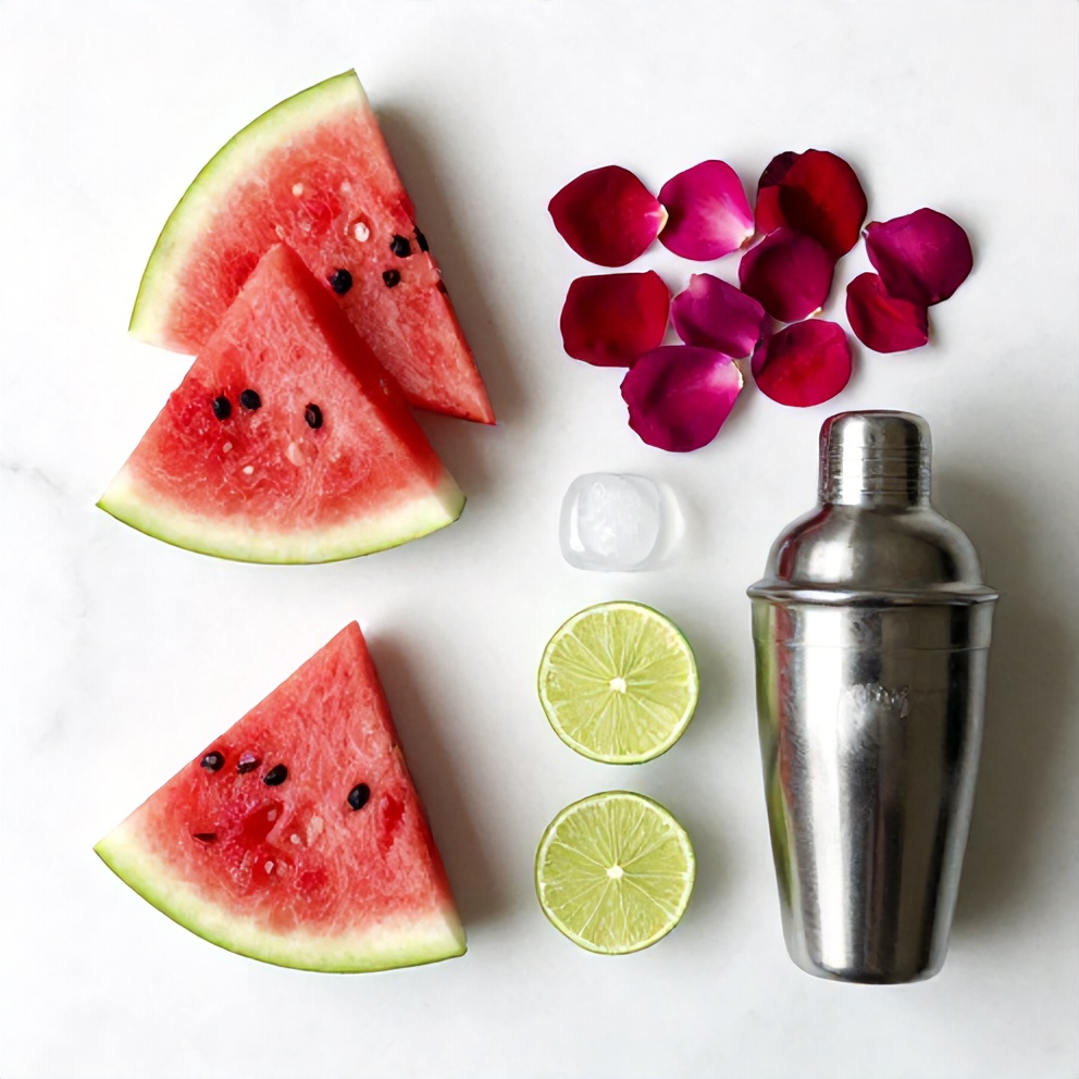 Watermelon slices, fresh rose petals, lime, ice, and a cocktail shaker on a wooden surface