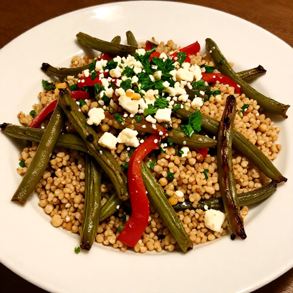 Plated roasted green bean quinoa salad with feta