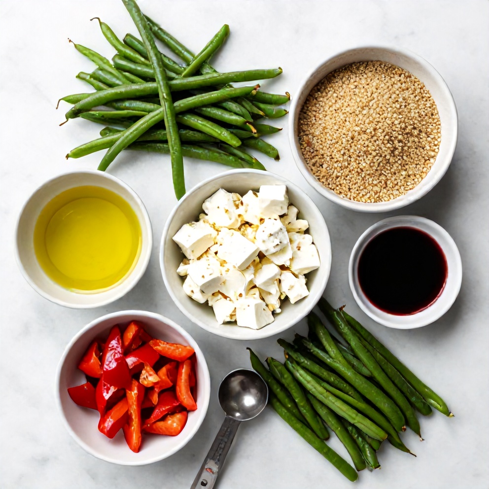 Raw ingredients for roasted green bean quinoa salad