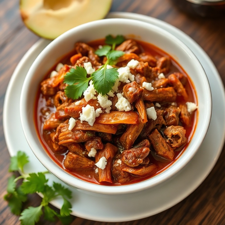 Slow cooker beef chile colorado plated in a white ceramic bowl, topped with fresh cilantro leaves and crumbled cotija cheese, warm side lighting highlighting glossy sauce and tender shreds