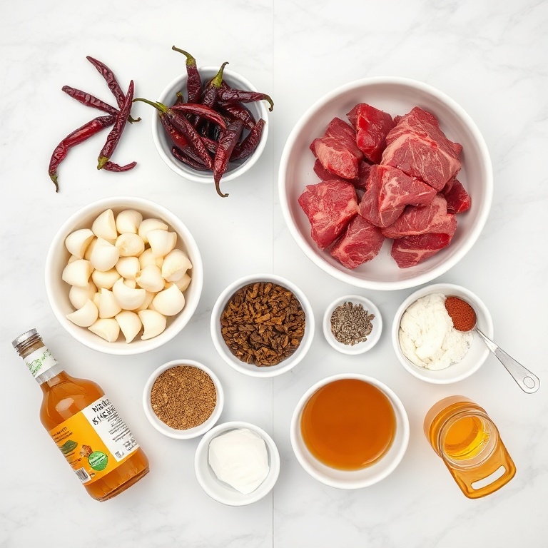 Overhead flat lay of dried ancho chiles, dried guajillo chiles, beef chuck roast, white onion, garlic cloves, cumin seeds, dried oregano, apple cider vinegar, and lard on white marble surface with small prep bowls and measuring spoons