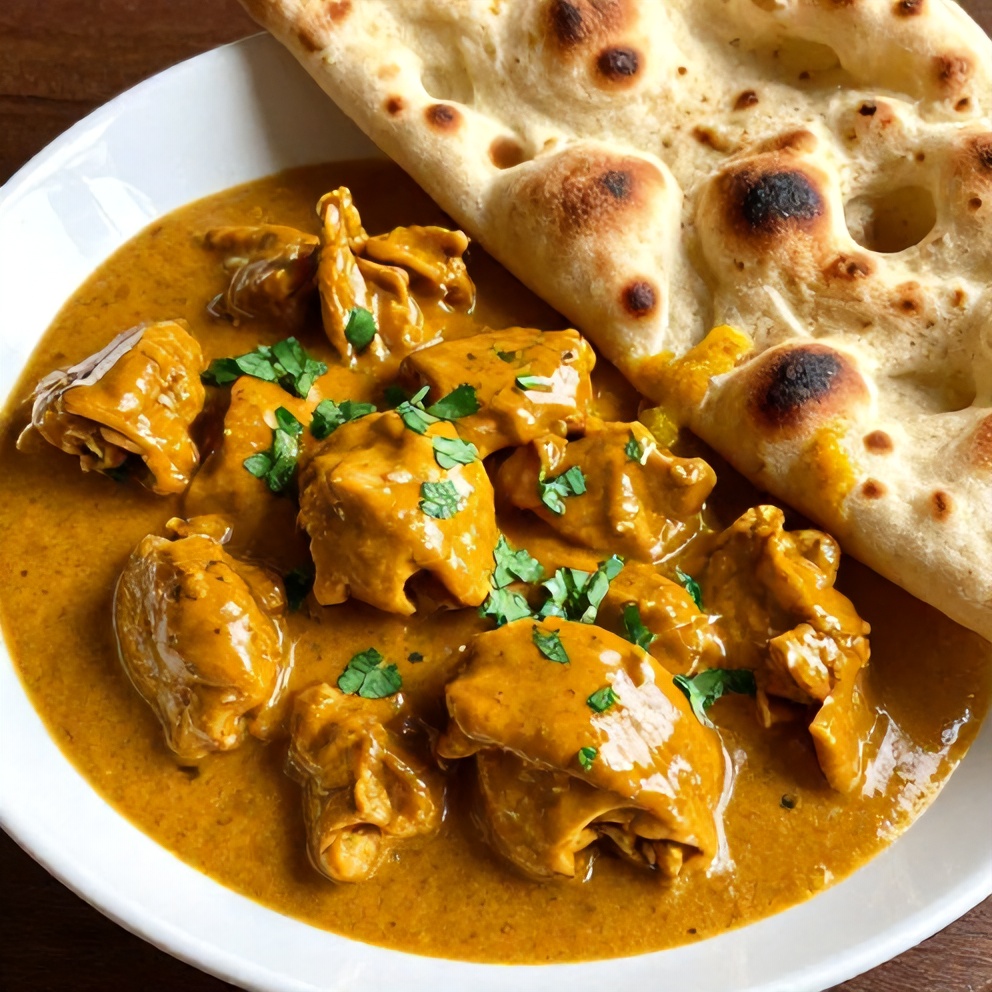 Plated serving of Slow Cooker Chicken Curry with naan bread