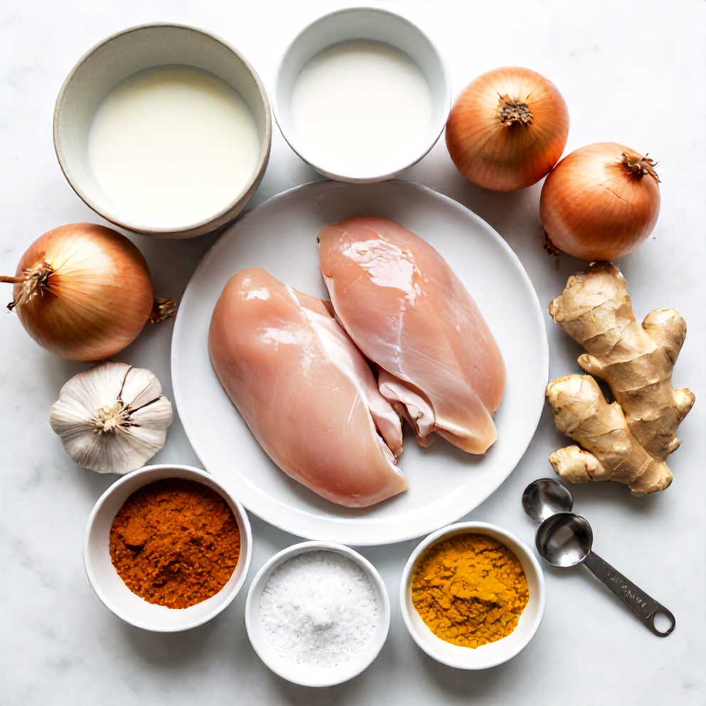 Raw ingredients for Slow Cooker Chicken Curry laid out