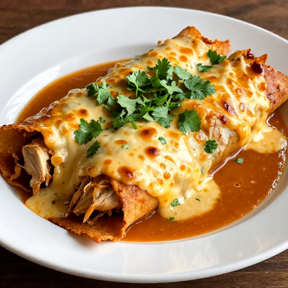 One perfect plated serving of Slow Cooker Chicken Enchiladas on a white plate, garnished with fresh cilantro, close crop, warm side lighting showing bubbly cheese and crispy tortilla edges, photorealistic food photography.