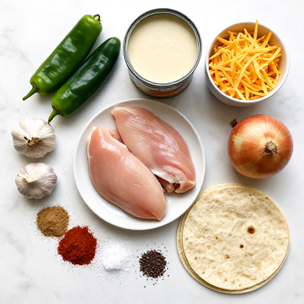 Overhead flat lay of raw ingredients for Slow Cooker Chicken Enchiladas: chicken breasts, canned green chiles, cream of chicken soup, shredded cheese, tortillas, onion, garlic, cumin, chili powder, salt, and pepper, white marble surface, bright even light, photorealistic overhead food photography.
