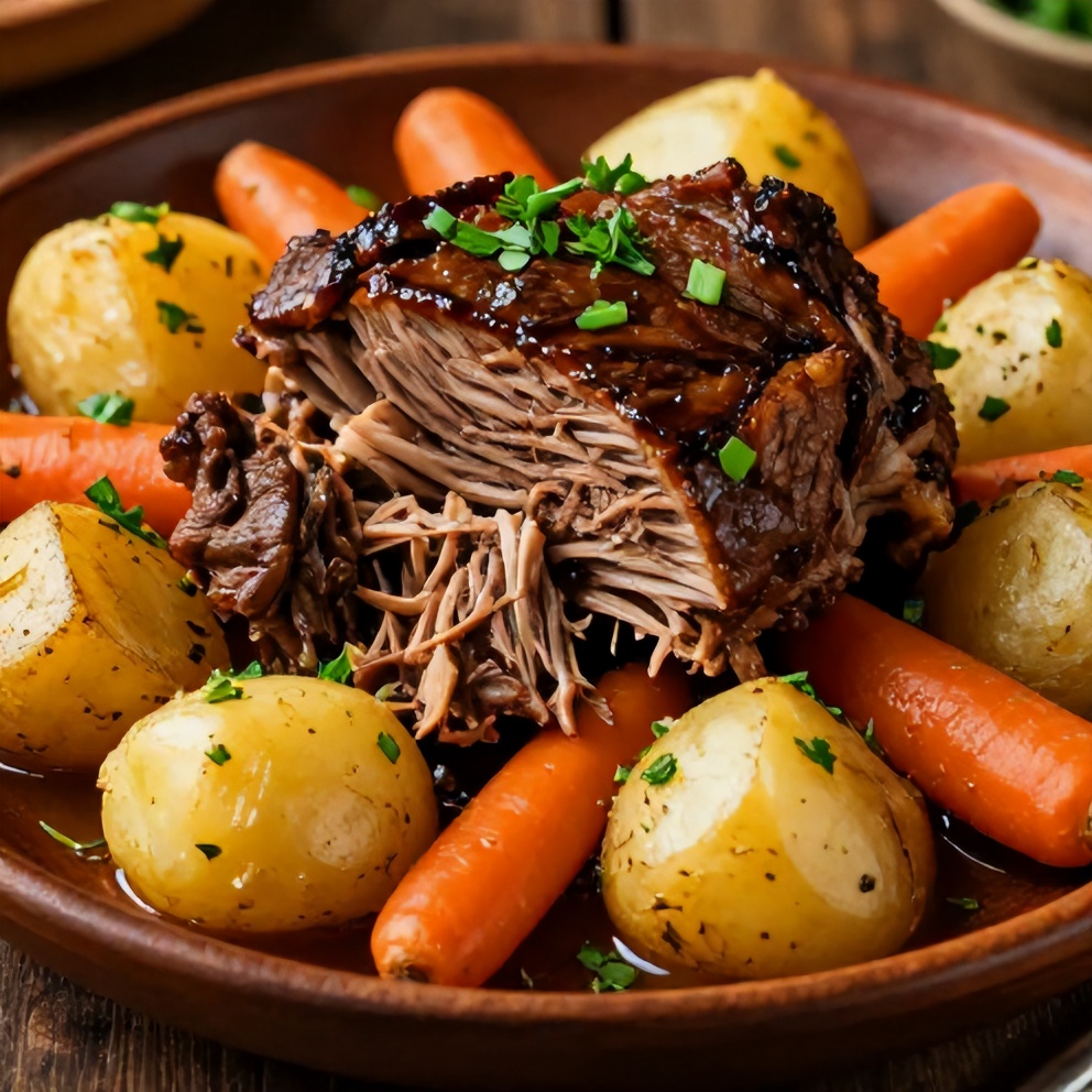 Plated Slow Cooker Chuck Roast with Potatoes and Carrots