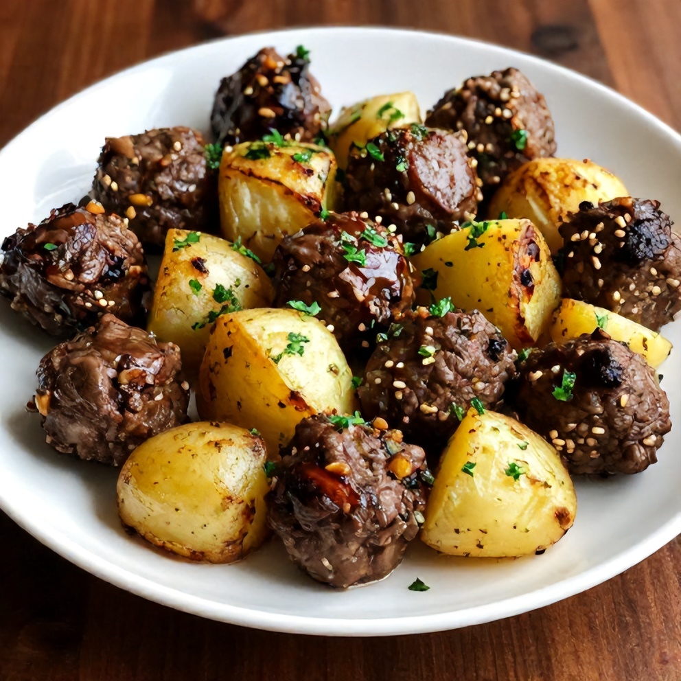 Plated Slow Cooker Garlic Butter Beef Bites with Potatoes