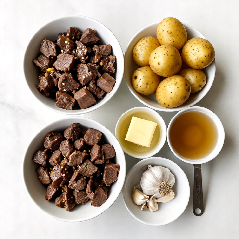 Raw ingredients for Slow Cooker Garlic Butter Beef Bites with Potatoes