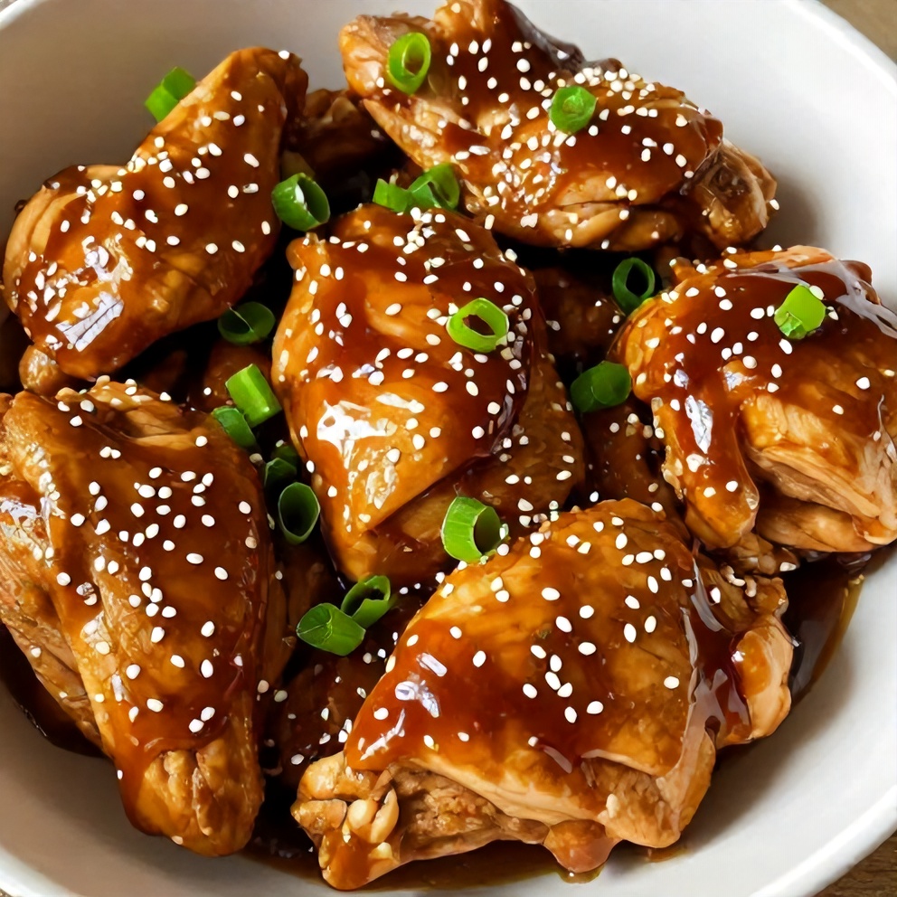 Plated serving of Slow Cooker Honey Mustard Chicken with green onions and sesame seeds